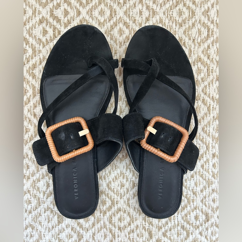 Veronica Beard Black Suede Sandals with Woven Buckle